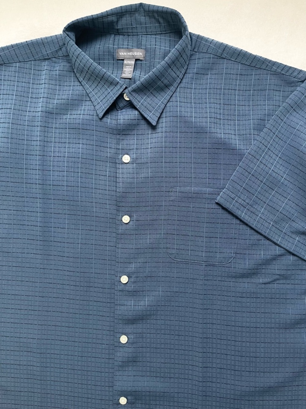 Van Heusen Men's Dark Blue texture grid Short Sleeve Button-Down Shirt XXL